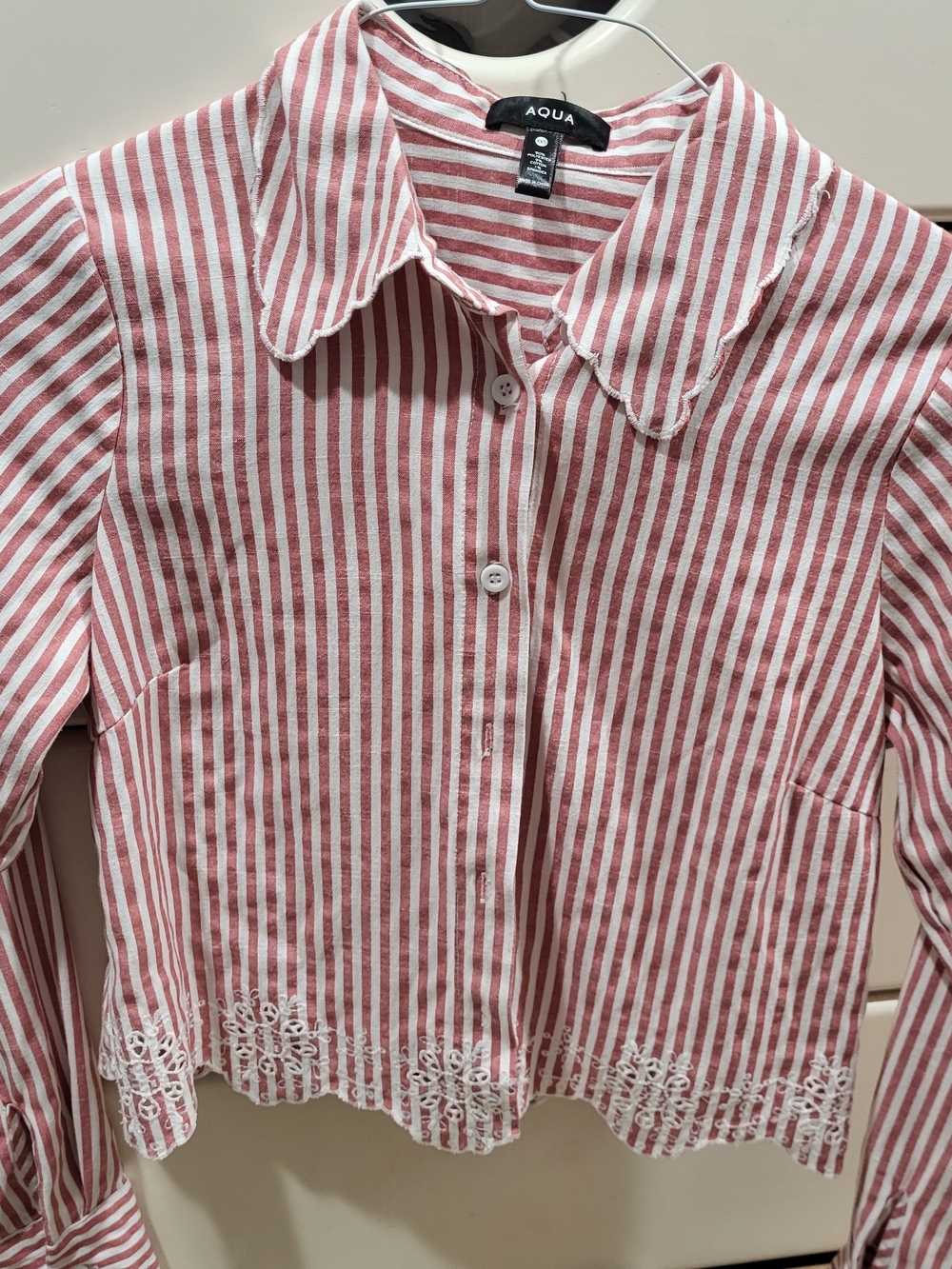 Summery and Sweet!Aqua Red and White Striped Button-Down Top with Lace Hem